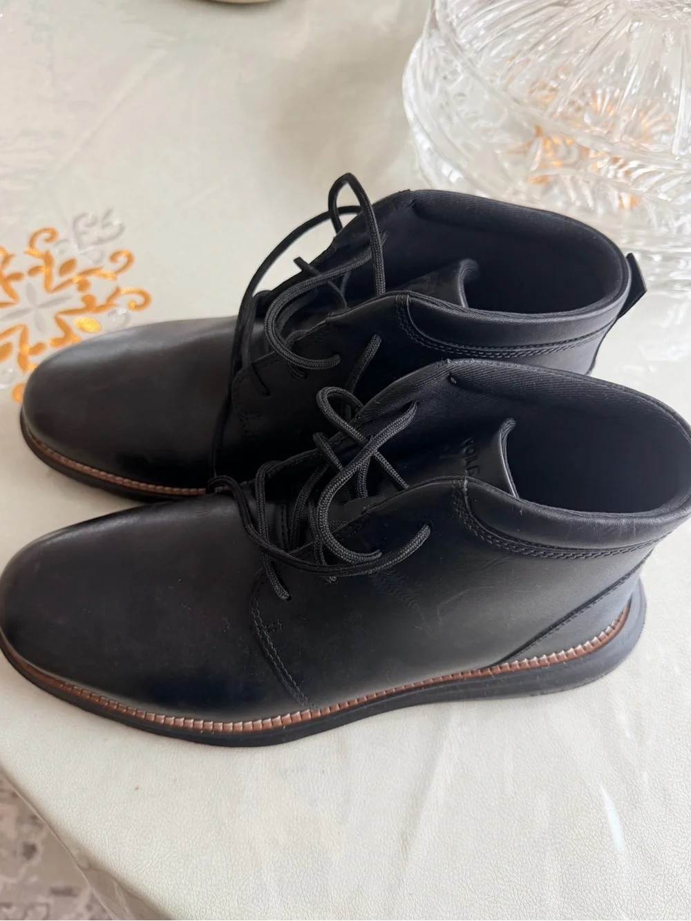 Cole Haan Black Leather Lace-Up Boat Shoes with Brown Welt